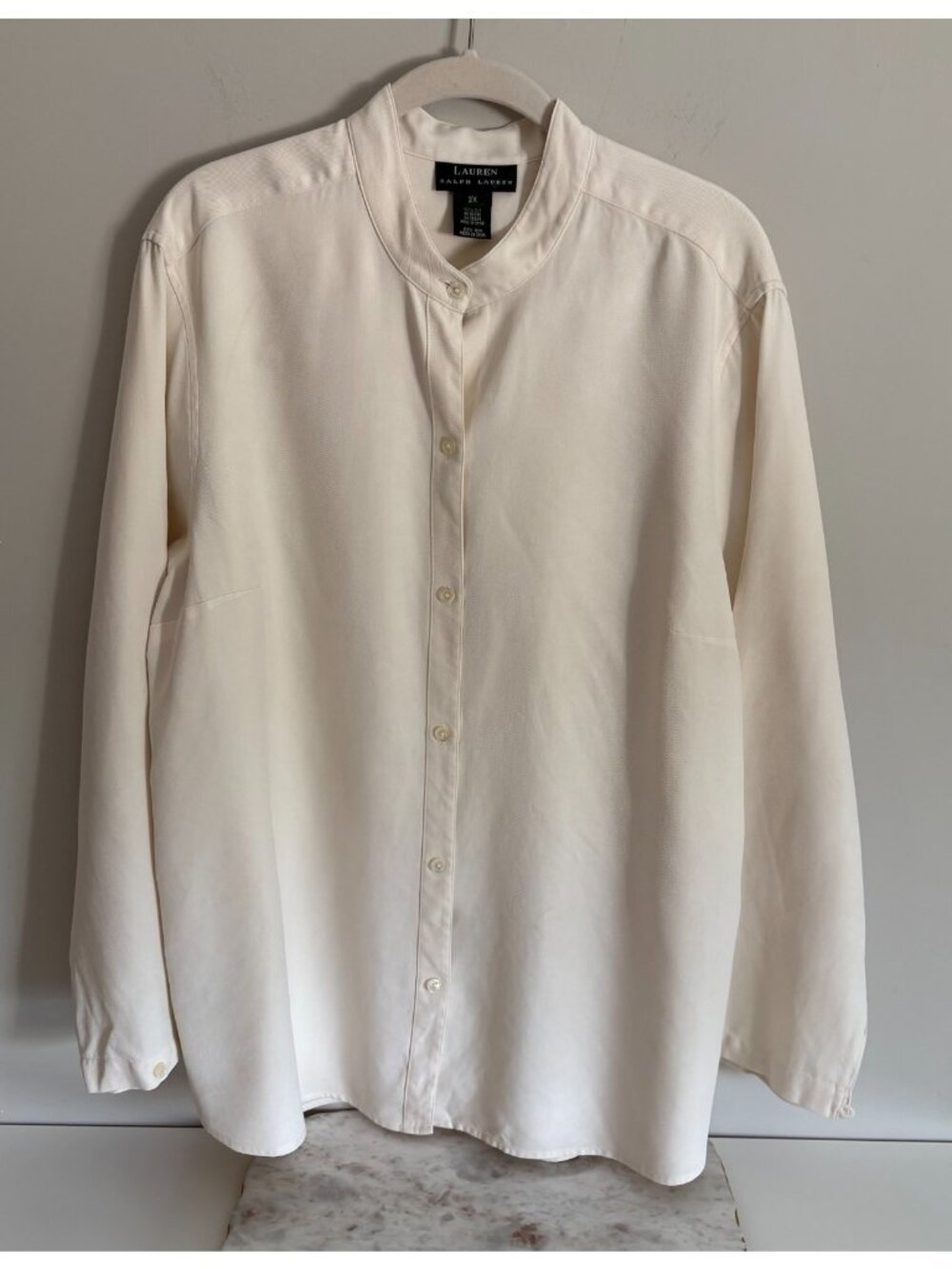 VTG Lauren Ralph Lauren 2X 100% Heavy Silk Twill Cream Button Front Blouse Y2K